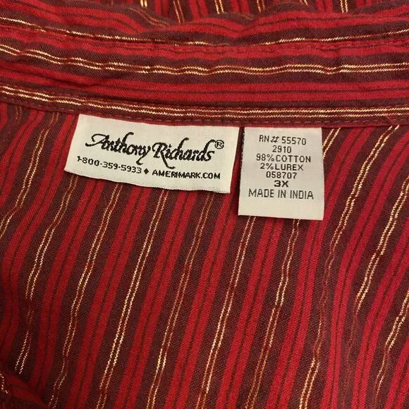 Anthony Richards Button Up Women’s 3X Long Sleeve Red Gold Lurex Stripe India - Picture 12 of 12